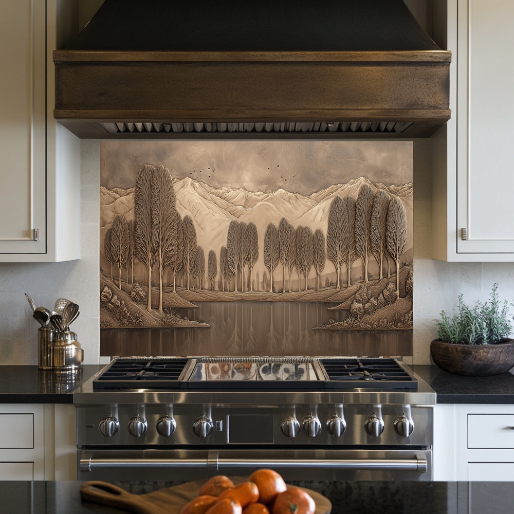 Copper Look Nature Landscape Glass Backsplash • Rustic Wall Art Panel