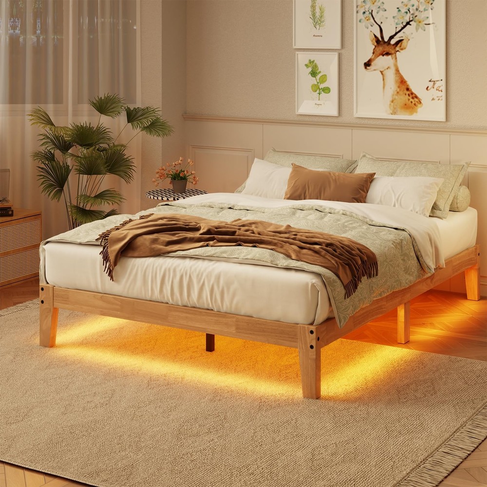 Queen Size Solid Wood Platform Bed with Led Light - Noise-Free Design with Me...