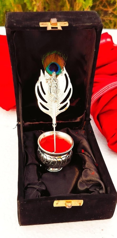 Silver White German Silver with Peacock Feather Krishna Design Tilak Stick 10 CM