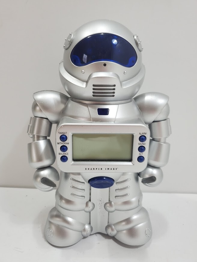 Robot 9" Alarm Clock Coin Bank Sharper Image, Powers On