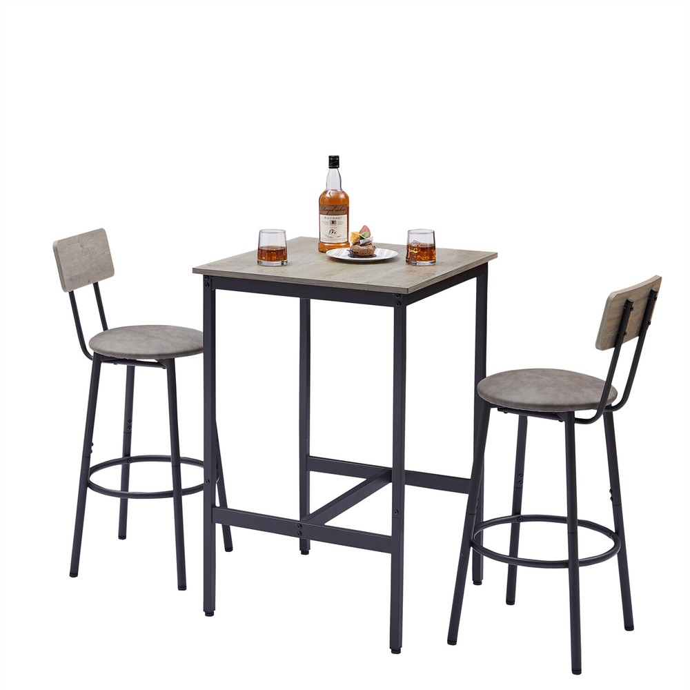 3 Piece Bar Table Set Counter Height Dining Kitchen Table w/ 2 Bar Stools Grey