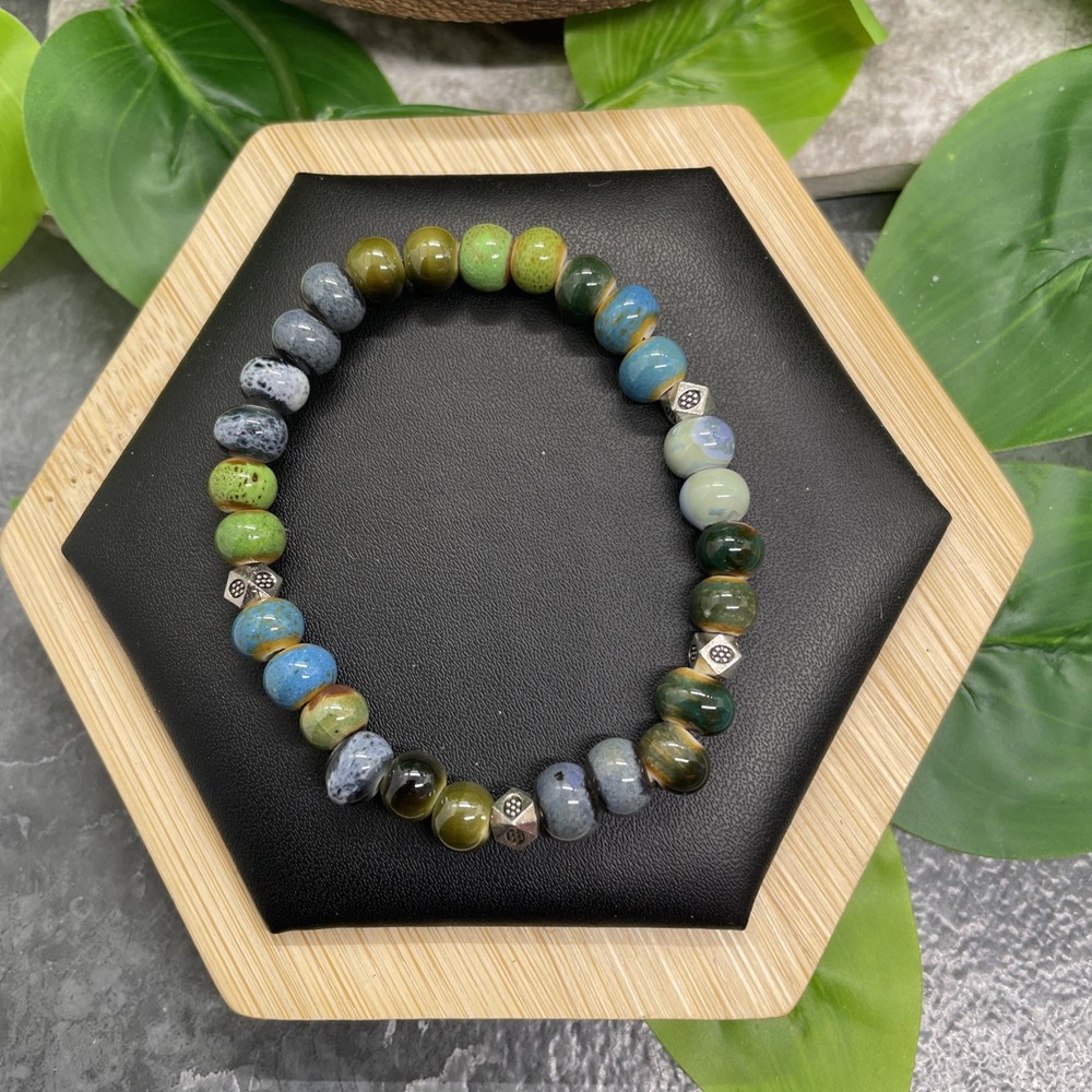 Handmade Ceramic Bead Beaded Stackable 6” Plus Stretch Bracelet New B33