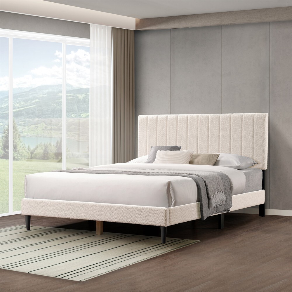 Queen Size Bed Frame Upholstered Platform Bed w/ Headboard Cream White/Gray