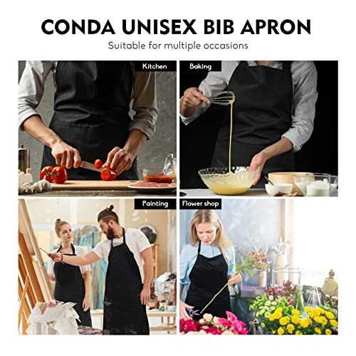 conda Cotton Black Bib Apron 2 Pack with 4 Pockets Adjustable Black- 2 Pack