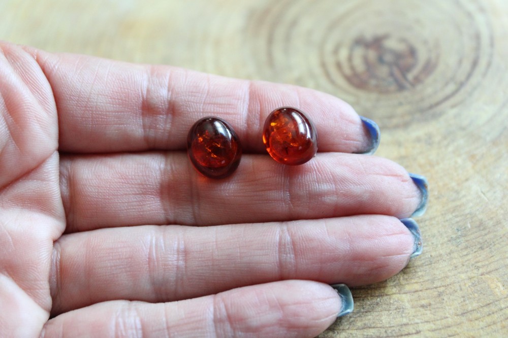 Oval Amber Drops & Sterling Silver Petite Stud Earrings