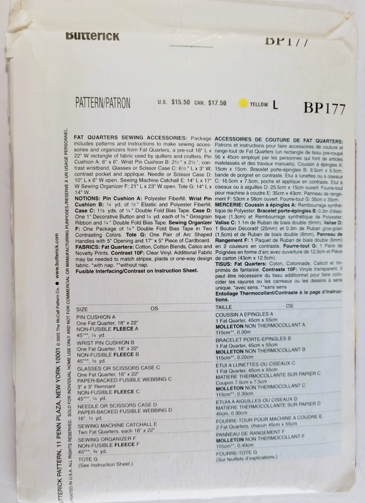 2005 Butterick Pattern 177 Fat Quarters Sewing Accessories Uncut