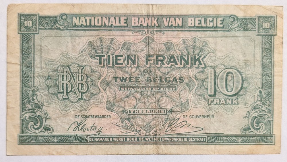 1943 BELGIUM 10 FRANCS BANK NOTE