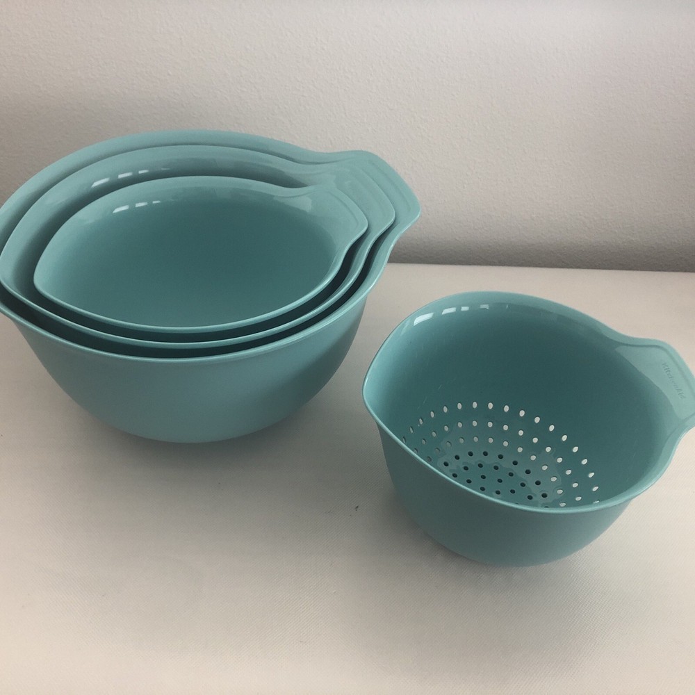 New KitchenAid 4 Mixing Bowls and Strainer - Aqua Sky HAQA