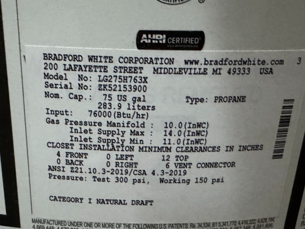 75 Gallon commercial water heater LP gas 76,000 BTU LG275H763X Bradford White