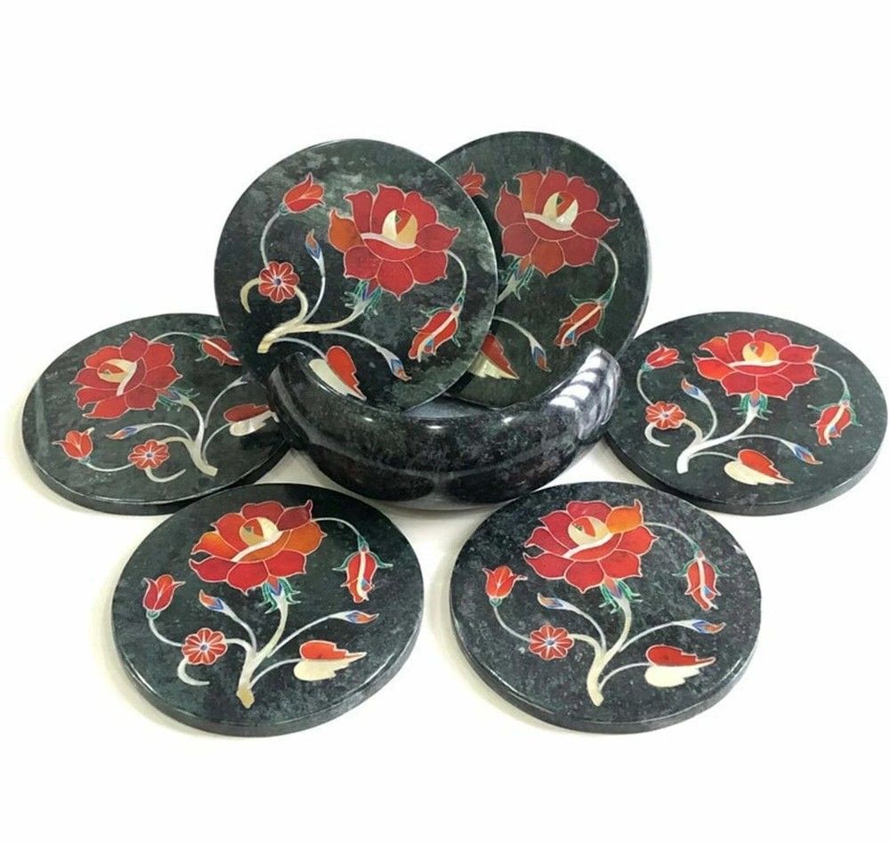 Marble Tea Coffee Coaster Set | Malachite Inlay Semi Precious Stone Decor