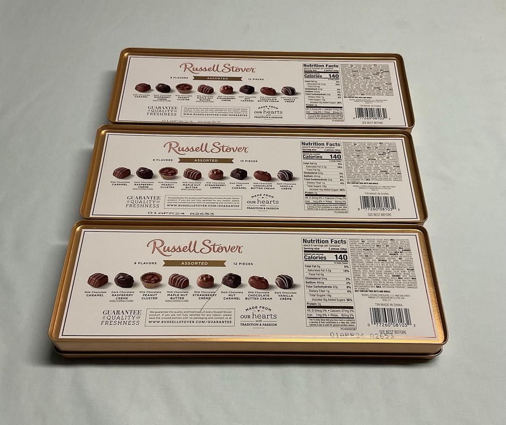 (3) Cranberry/Golden Colored Metal Embossed RUSSELL STOVER Candy Tin (Empty)