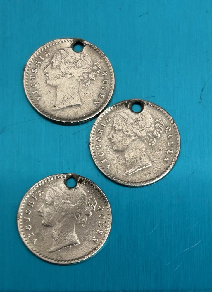 Three 1841 Silver 2 Annas Coins - Drilled