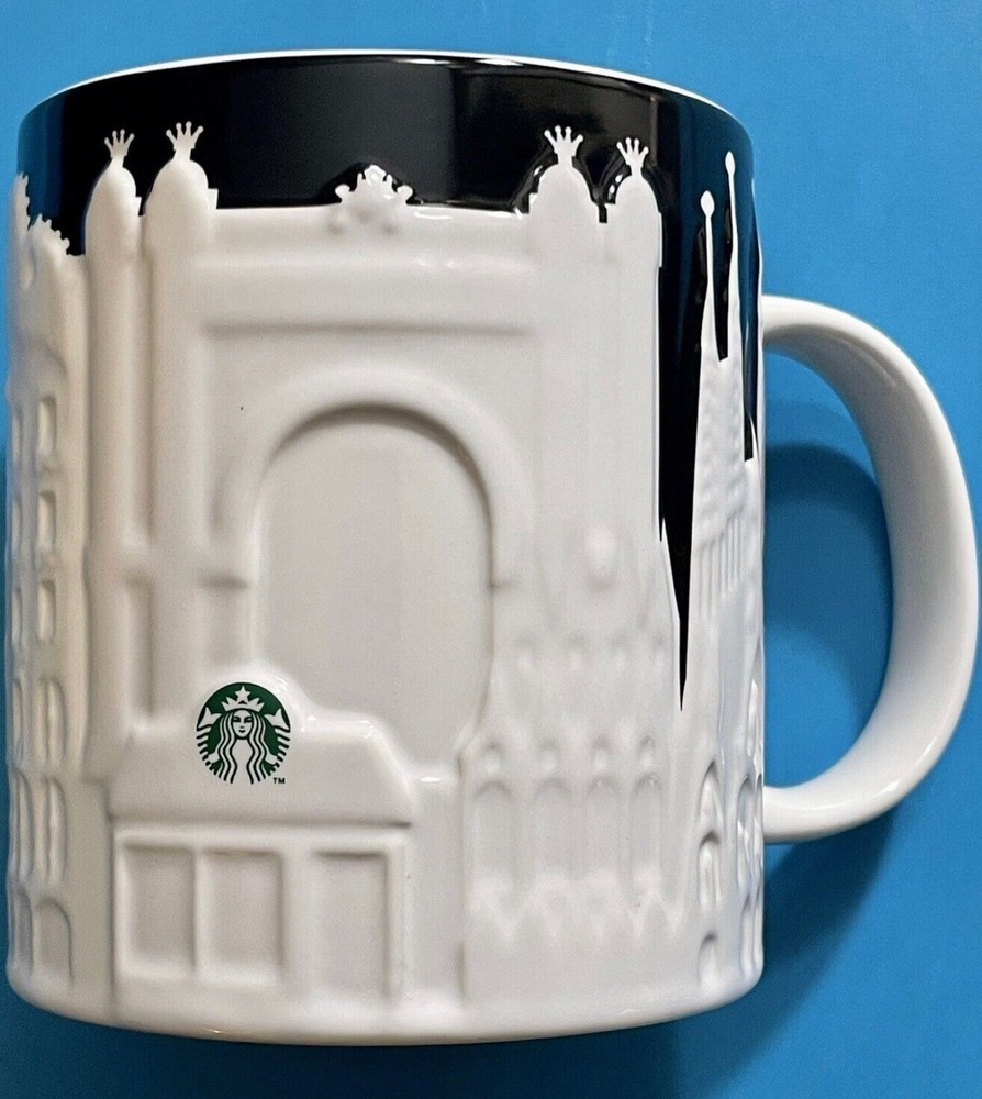 NWT Starbucks Barcelona Relief Black White Ceramic Mug 16oz