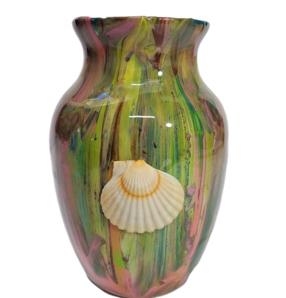 7" Vase Mutlicolored Greens Shell On Front Resin Finished