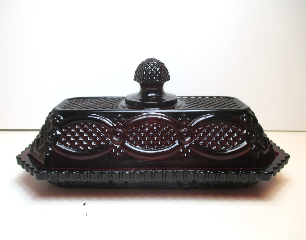 Vtg Avon 1876 Cape Cod Collection Ruby Red Covered Butter Dish w/ Original Box