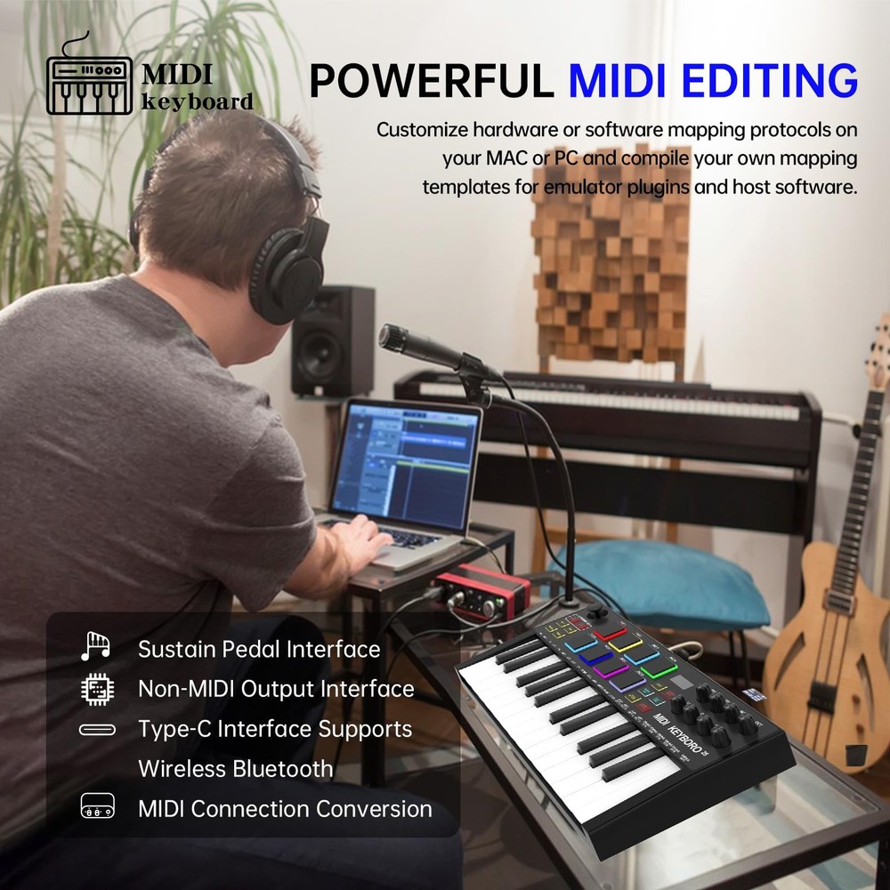 MIDI Keyboard Controllers，25-Key USB MIDI Keyboard with Backlit Drum Pads, Kn...