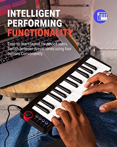 25-Key Mini MIDI Keyboard Controller for Beginners - Velocity-Sensitive Keys, Li