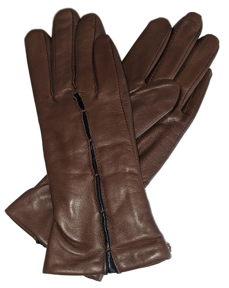 Women's Genuine Leather Gloves, Small, Cognac/ Black