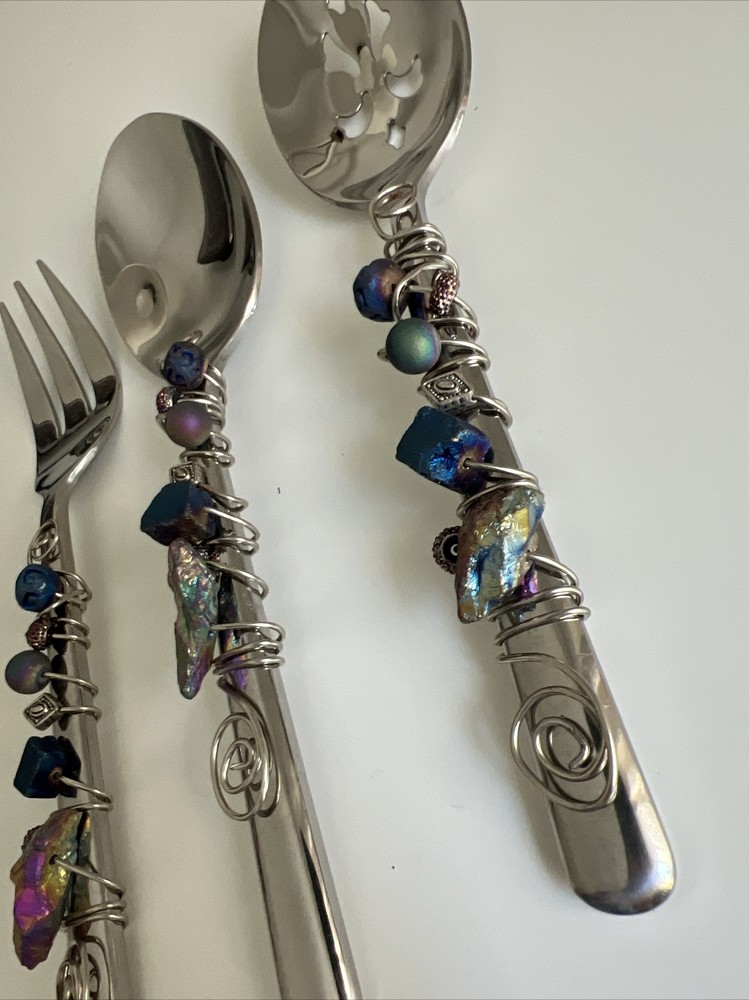 Fancy Spoon Fork Serving Utensils Bead Rock Wire Wrapped Slotted Salad Gemstone