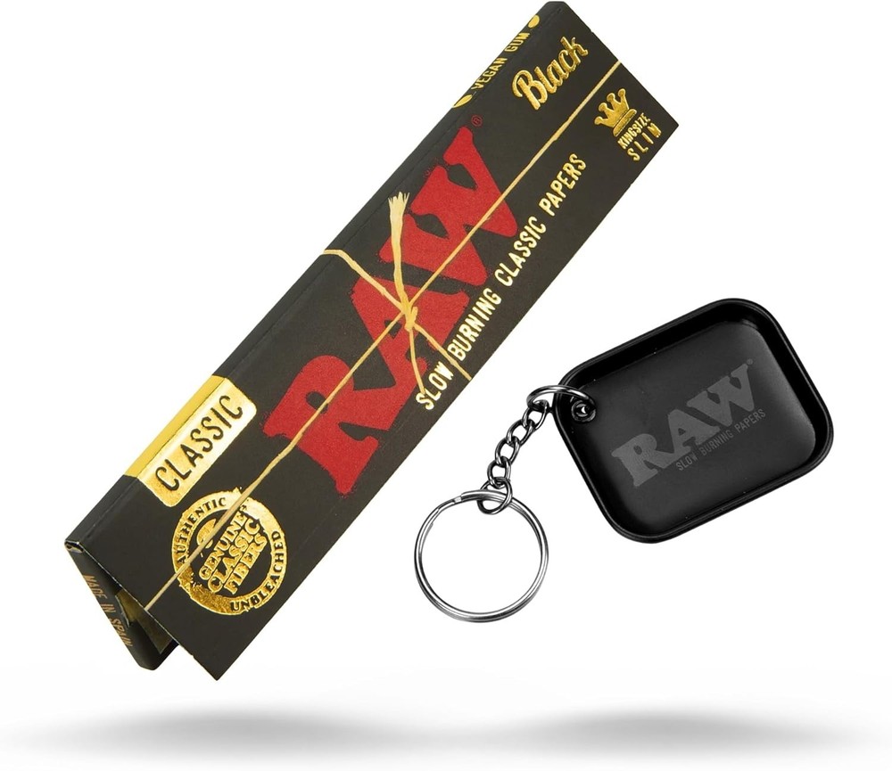 RAW Black King Size Slim Rolling Papers 8 Pack + RAW Black Keychain