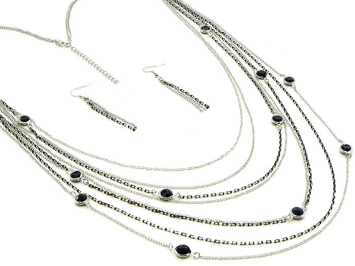 "Black Stations" Necklace 36" Long Silvertone Chains