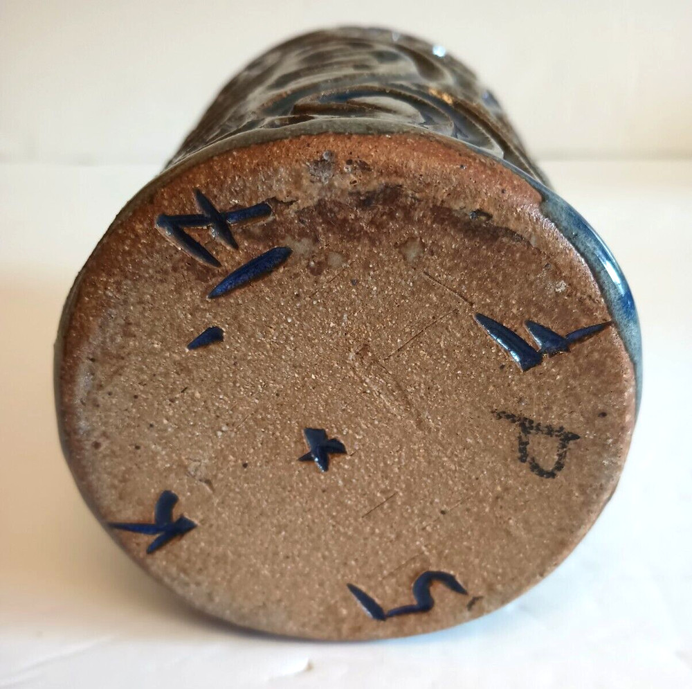 Studio Art Pottery Jug Raised Relief Blue Glazed Handle Signed