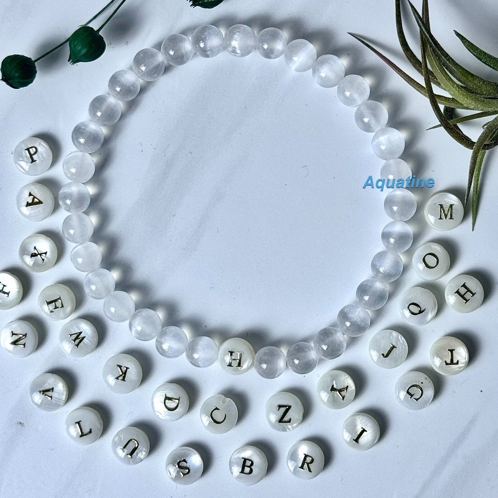 Selenite 6mm Natural Crystal Bead Initial Stretch Bracelet CUSTOM SIZING