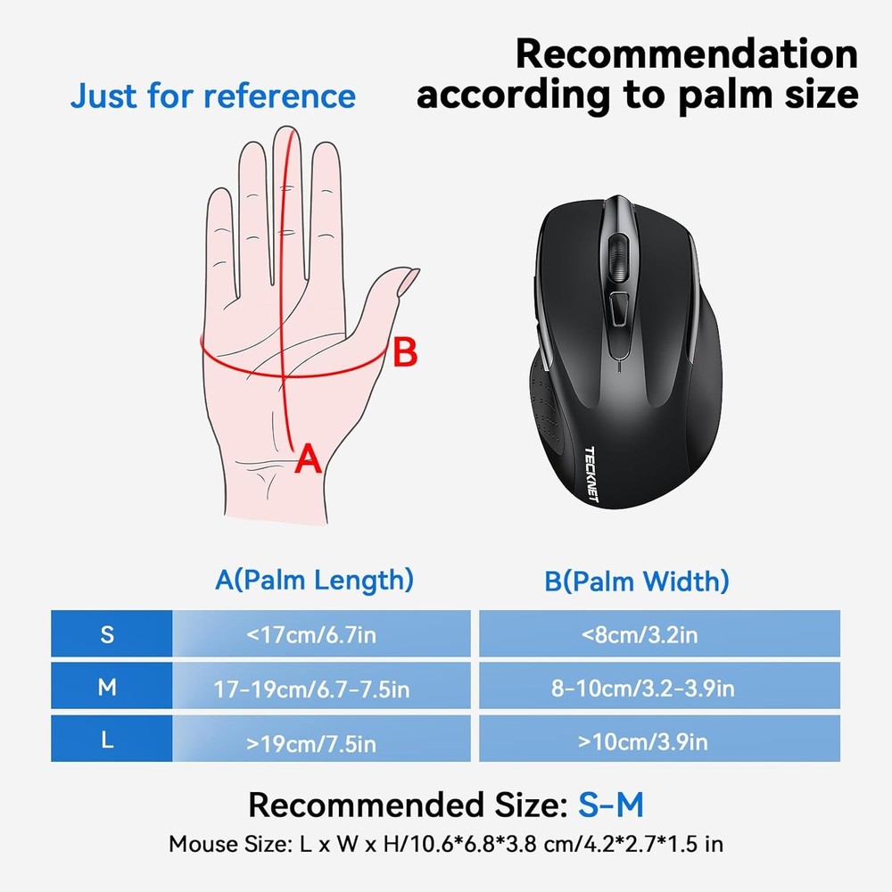 TECKNET Wireless Mouse Rechargeable, 2.4G USB-A Silent Mouse, Quiet Black