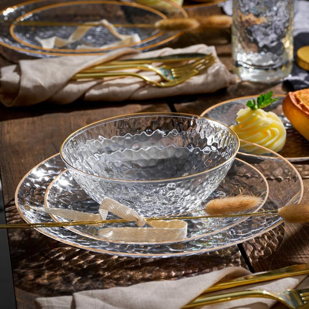 7 Inch Clear Plastic Plates - Hmered Gold Rimmed Sturdy, Durable