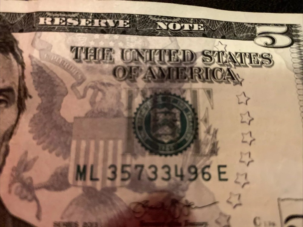 $5 Error Note: Green Seal Misaligned. On The 2 Sections Bleed Through