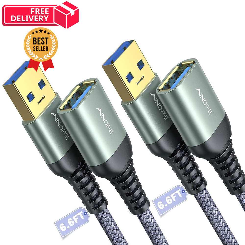 AINOPE 2 Pack USB Extensions Cable High Speed 3.0 6.6FT+6.6FT, Grey