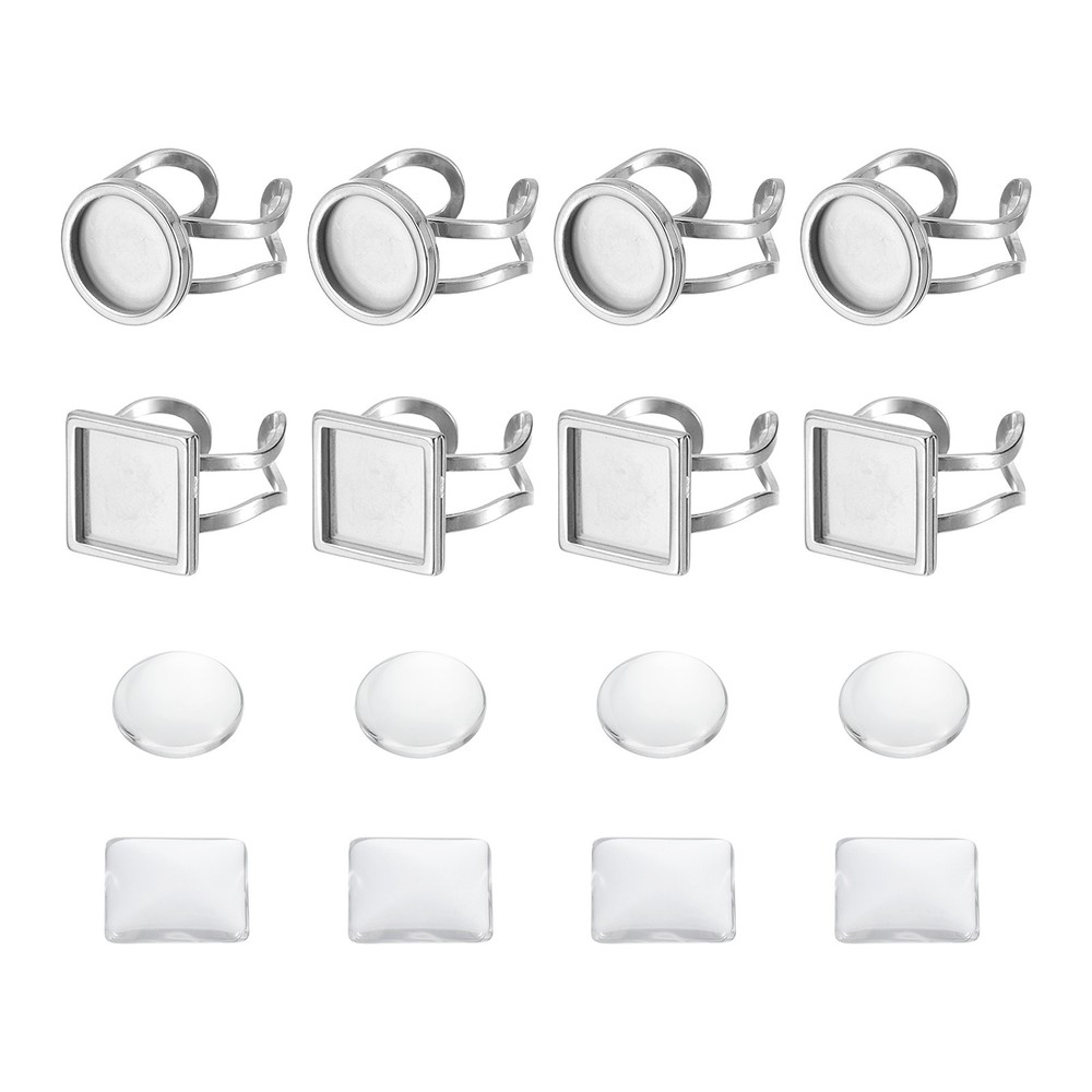 8Pcs Metal Ring Base Blank, 12mm Ring Blank Base with 8Pcs Cabochon(Silver)