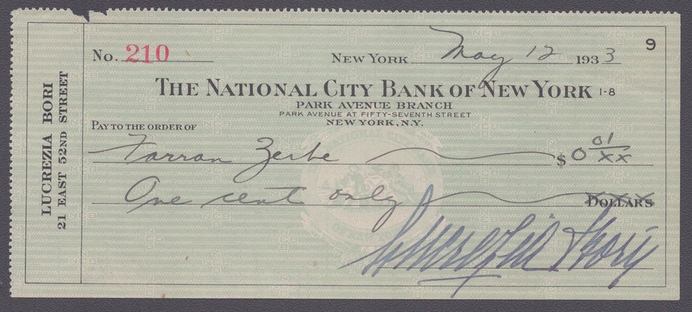 LUCREZIA BORI - CHECK SIGNED 05/12/1933
