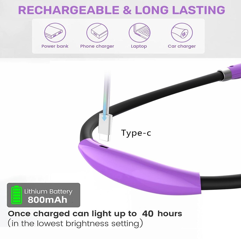 Rechargeable LED Neck Reading Light with Adjustable Brightness - Purple