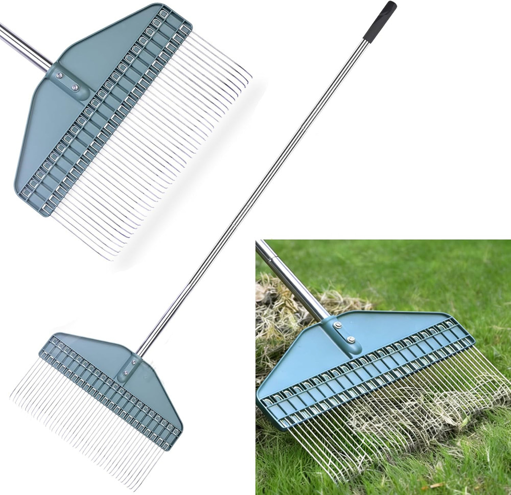 Adjustable Thatch Rake with 66" Handle - 17" Durable Dethatcher for Lawn Care