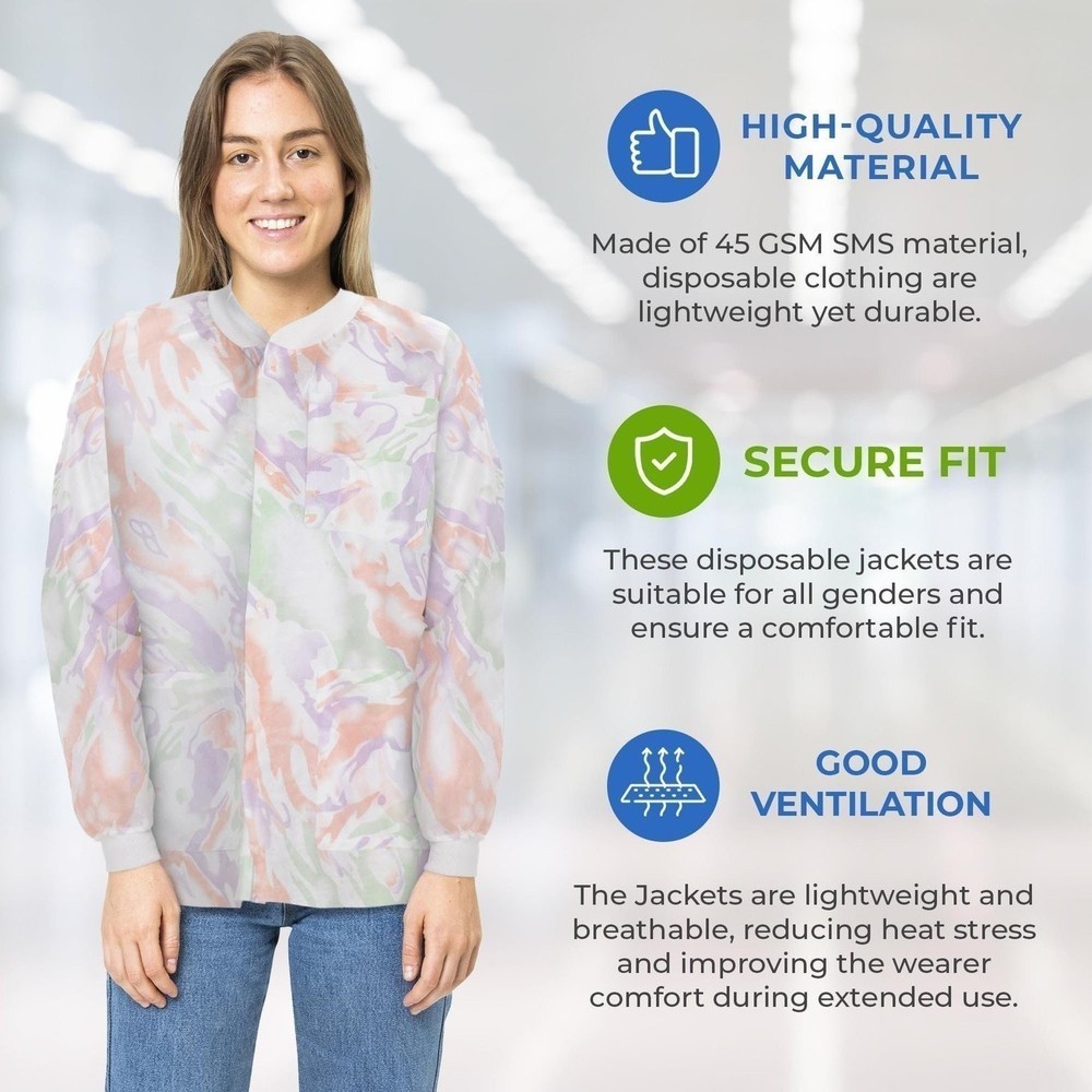 Multicolor Disposable Lab Jackets Medium SMS Snap Front 10 Pack