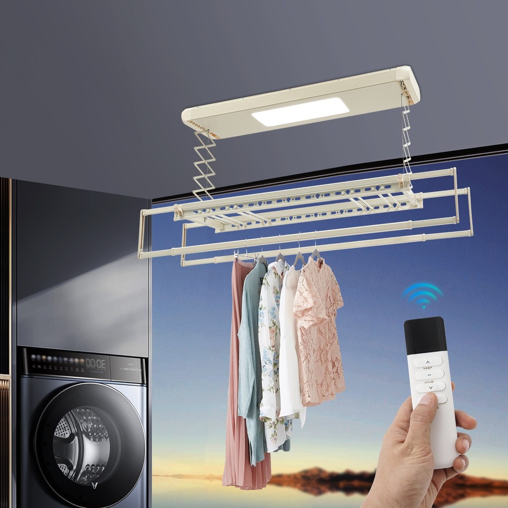 Ceiling-mounted Clothesline, Resealable Vertical Drying Rack W/ Light 8 Rods