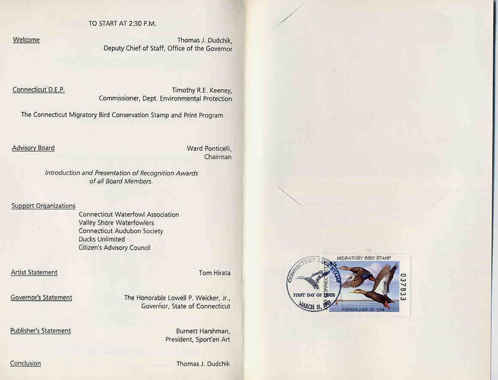 CONNECTICUT #1P 1993 STATE DUCK BLACK DUCK IMPERF PROOF & FD PROGRAM Tom Hirata