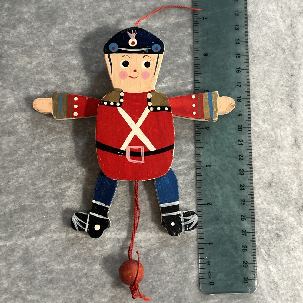 String Pull Puppet Soldier Ornament / Toy - Hand Painted - 5” - Vintage