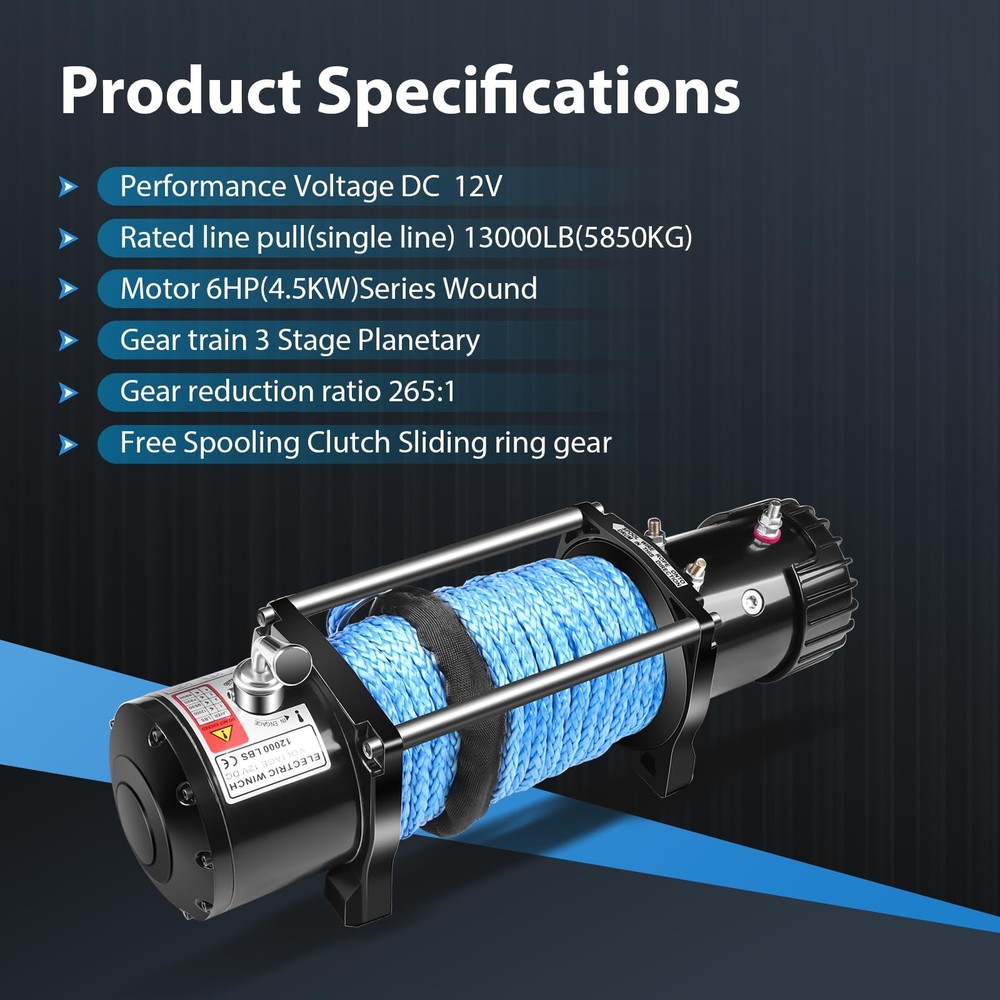 13000LBS Winch Kit Synthetic Rope Wireless Remote Control Box