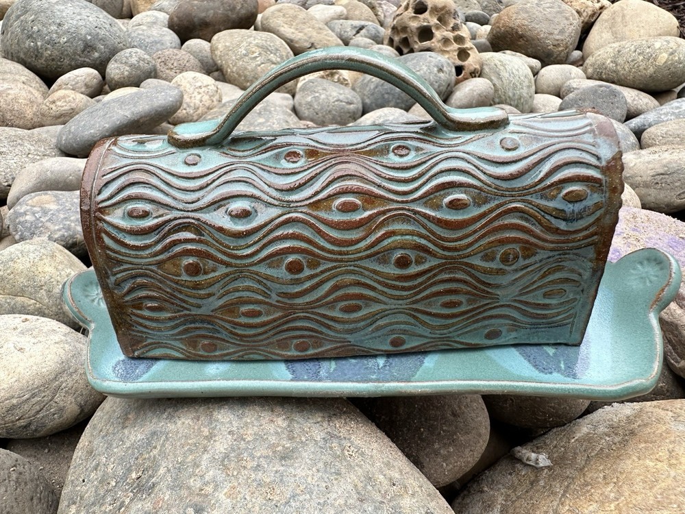 Textured Ceramic Studio Pottery Turquoise Butter Dish W Lid, top handle