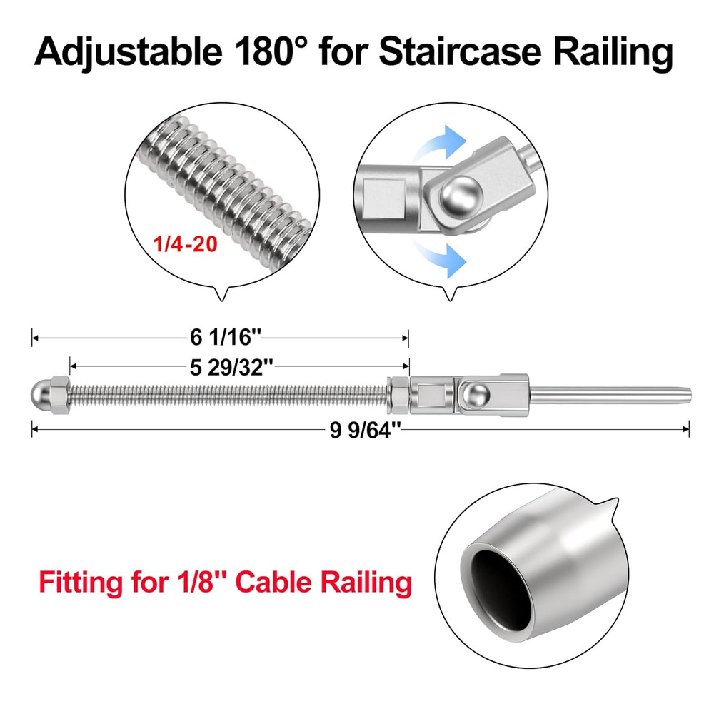 20 Pack 6" Angled Swage Threaded Studs for Cable Railing Hardware