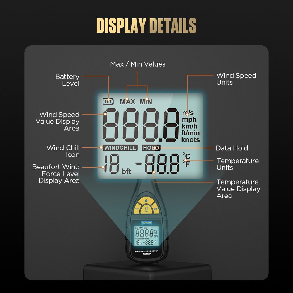 Handheld Digital Anemometer Thermometer Wind Speed Temperature Meter LCD Display