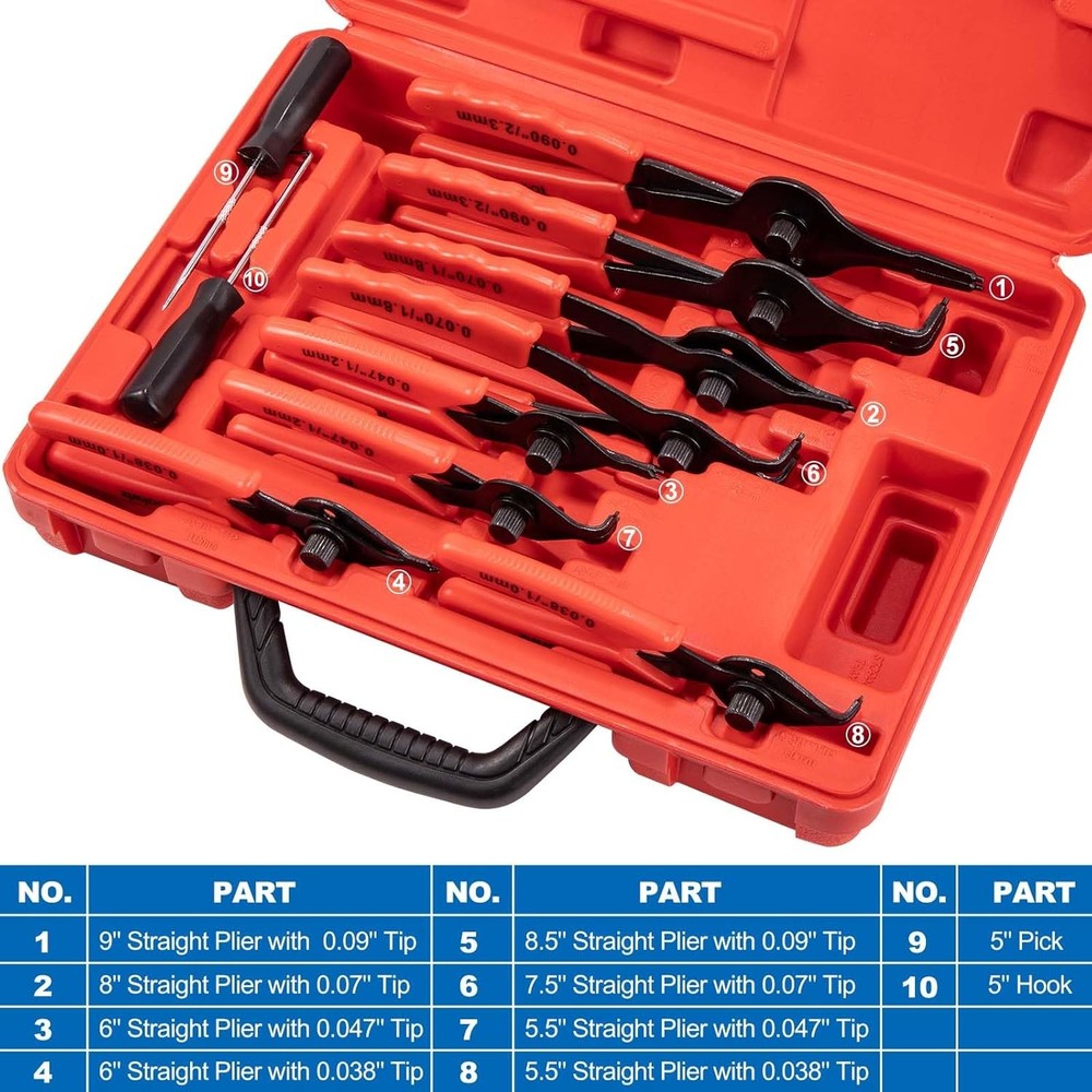 Snap Ring Pliers Set, 10 Pcs Internal & External Retaining Ring Circlip C Clip