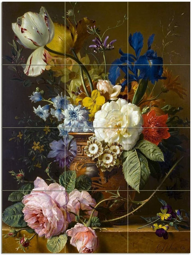 Tile Mural Bouquet Rose Tulip iris vase Kitchen Wall Backsplash Marble Ceramic