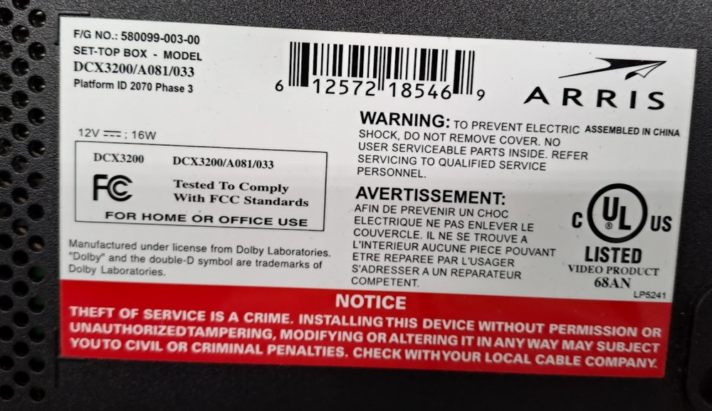 ARRIS SET-TOP BOX DCX3200/A081/033