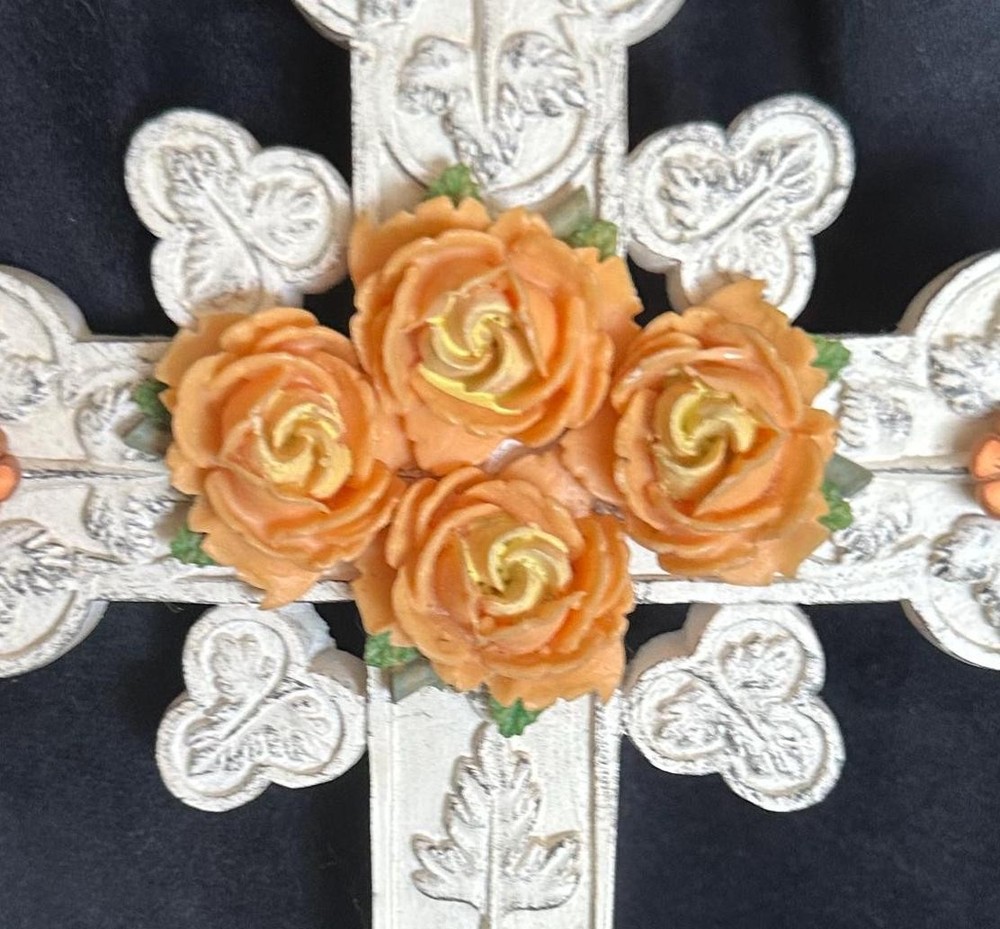 White Ceramic Cross - Golden Roses