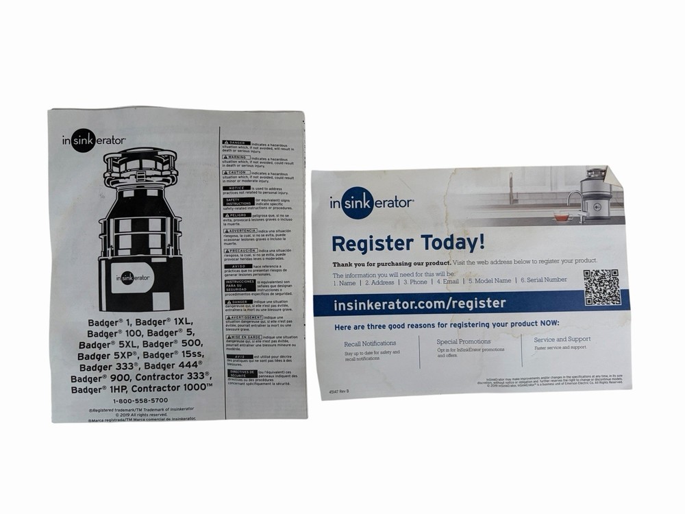 InSinkErator Badger 5XL Garbage Disposal 1/2 HP w/instructions