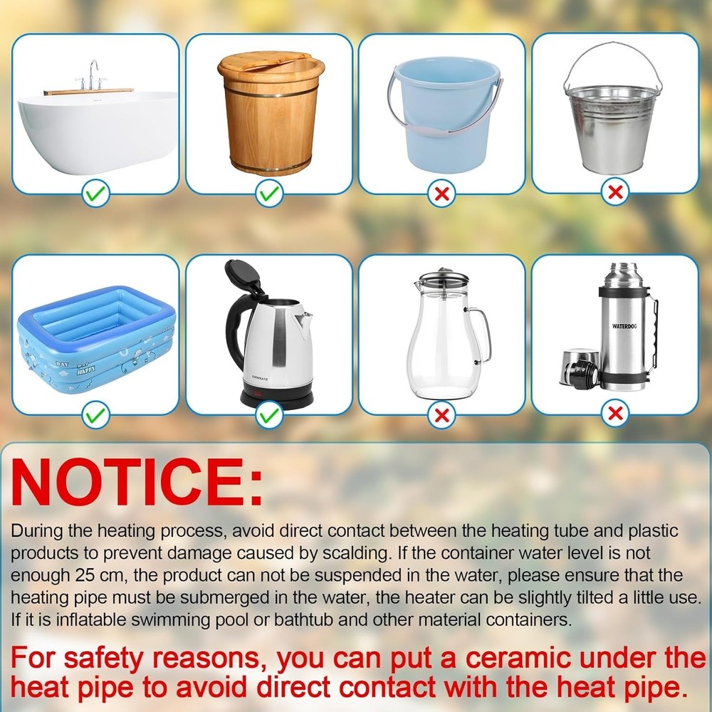 Calentador de Agua Portatil 1000W 110V Resistencia Sumergible para Viaje y Hogar