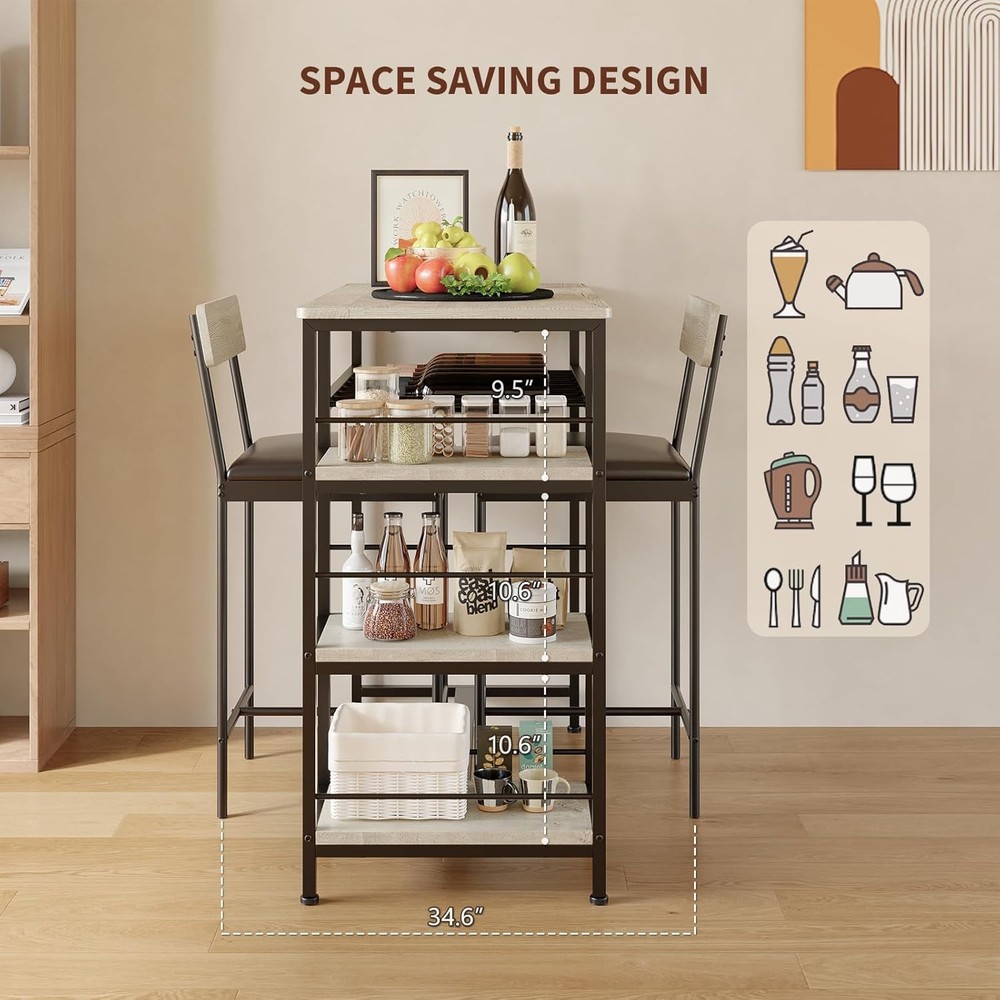 3-Piece Dining Table Set w/ Upholstered Bar Stool Wine Rack Kitchen Dining Room